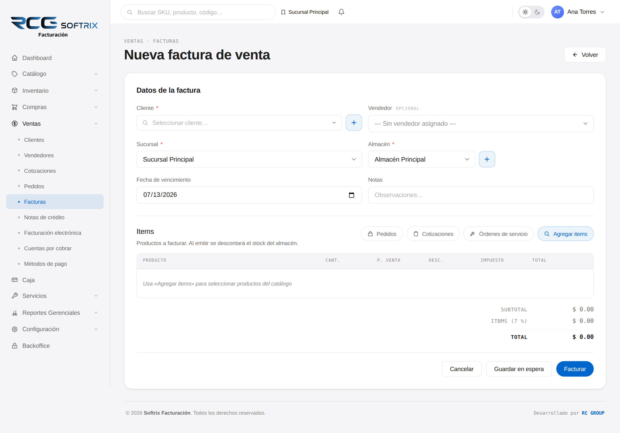 Nueva factura de venta en Softrix Facturación con desglose de ITBMS