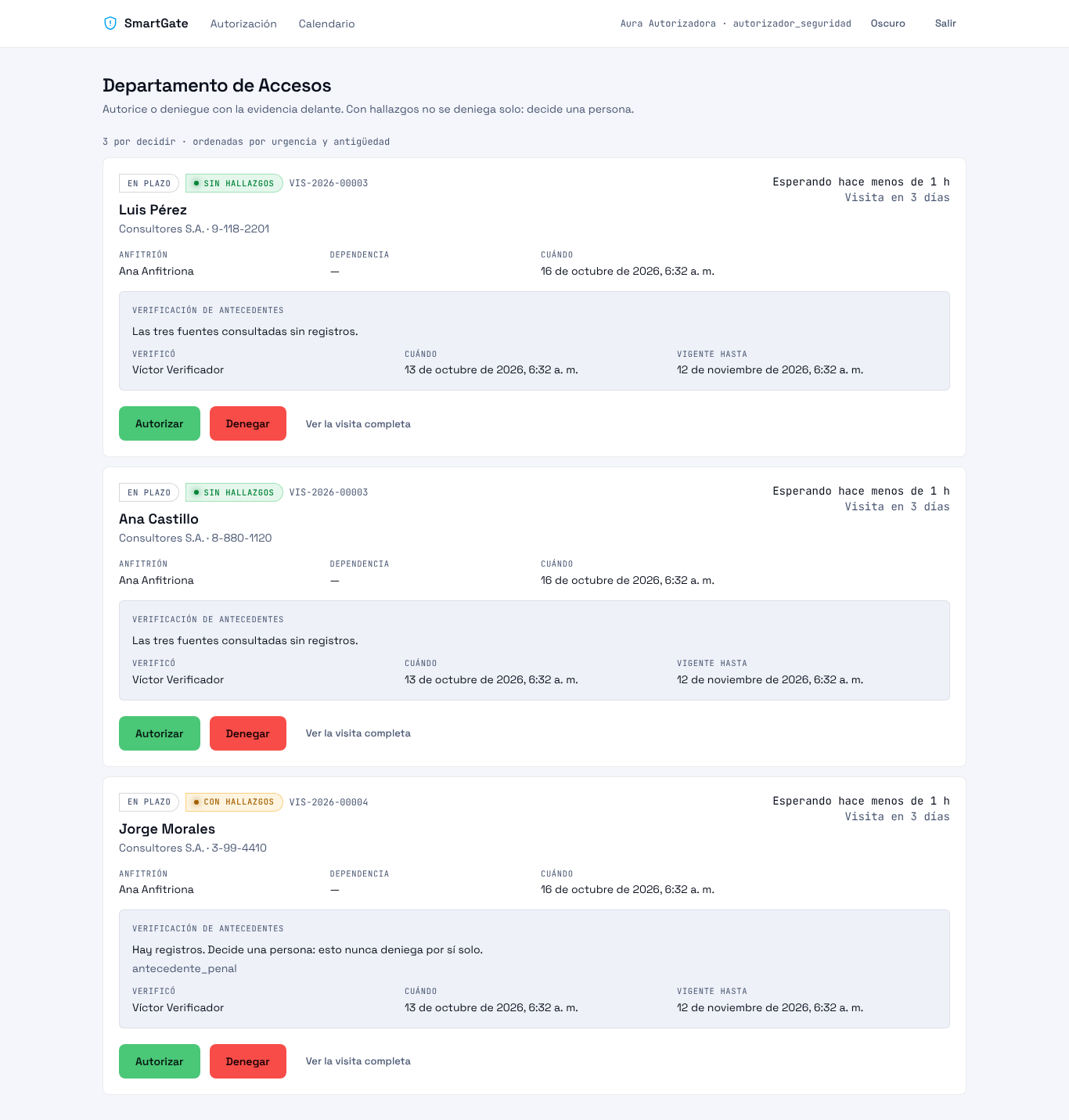 Departamento de Accesos de SmartGate Control: solicitudes por decidir con verificación de antecedentes