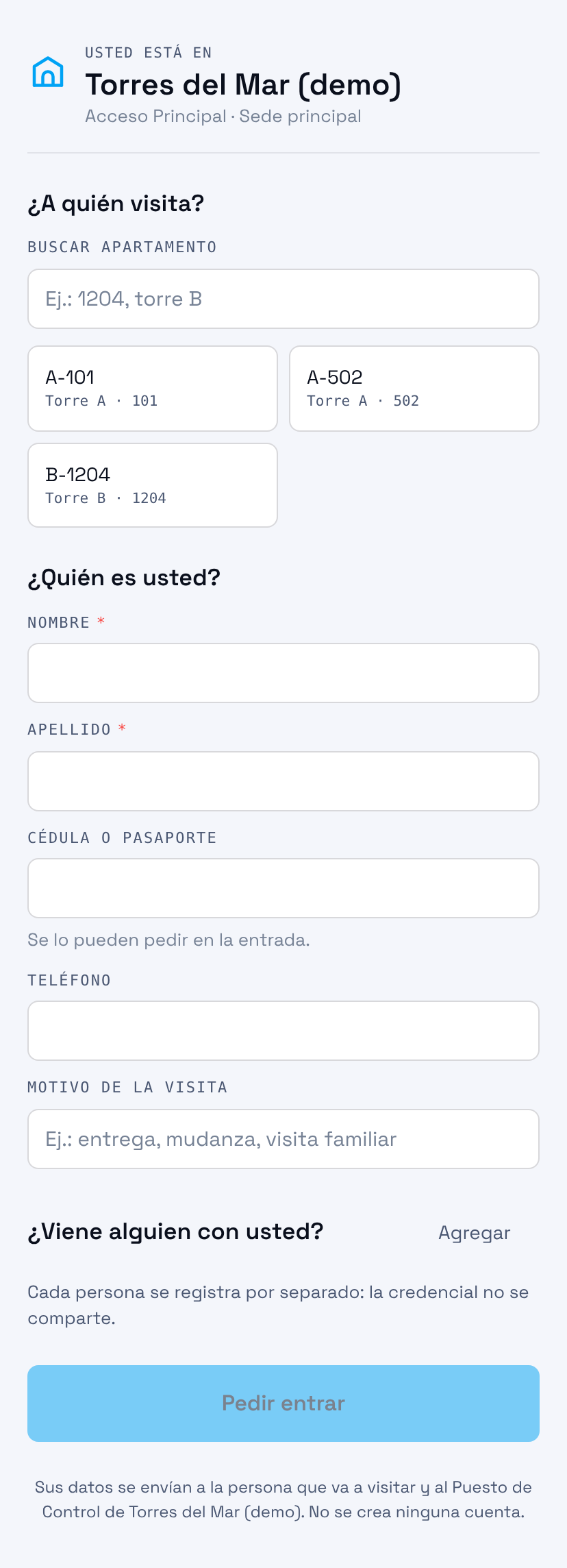 Formulario de visitante de SmartGate Control en el teléfono: a quién visita y quién es usted